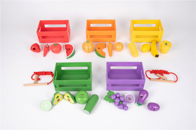 Conjunto 5 cajas madera frutas y verduras 28 pzas.